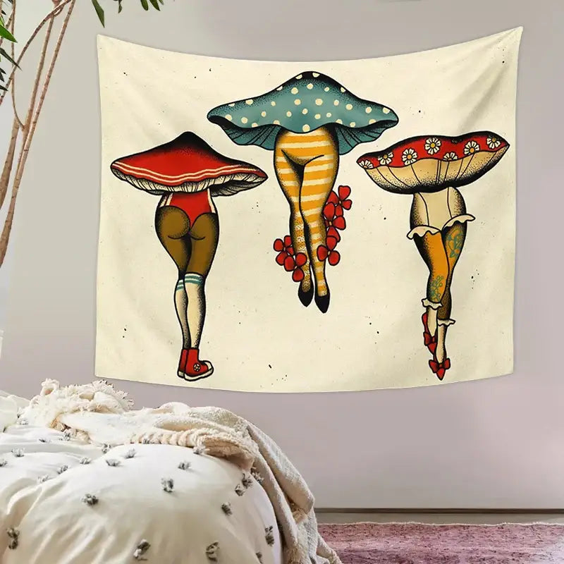 Cream-colored psychedelic beige mushroom girl tapestry with tattoo-inspired decorbites cactus mushroom design for wall decor