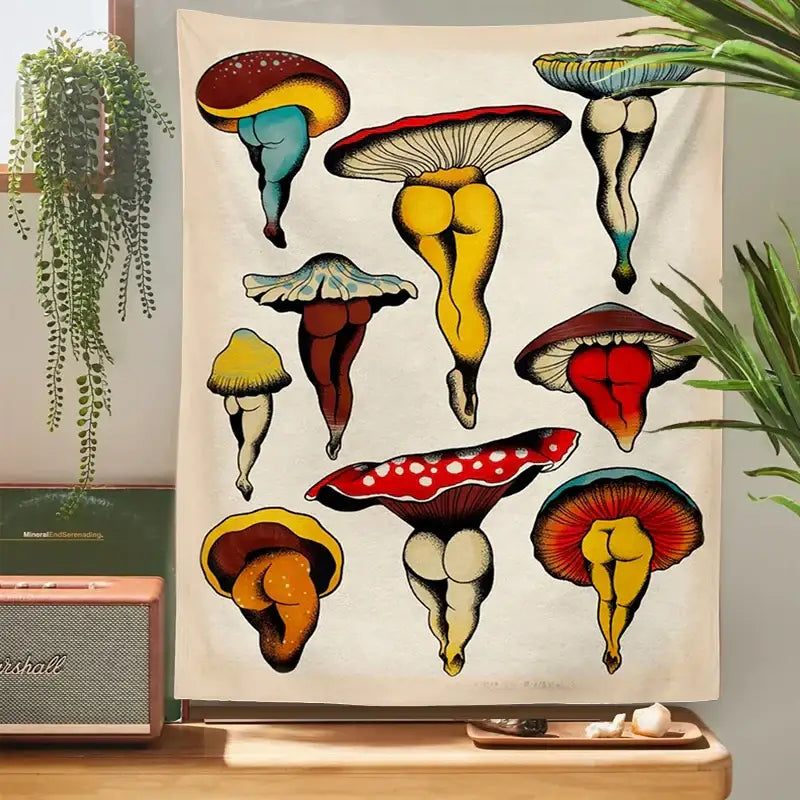 Beige tapestry featuring vibrant stylized mushrooms in red yellow blue and orange for mushroom girl tapestry decor