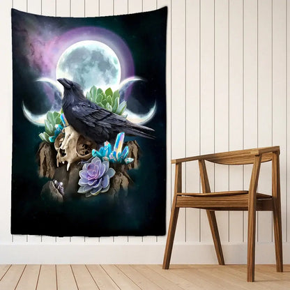 Psychedelic black and gold condor moon universe tapestry featuring a crow on skull with succulents and moons decorbites condor moon