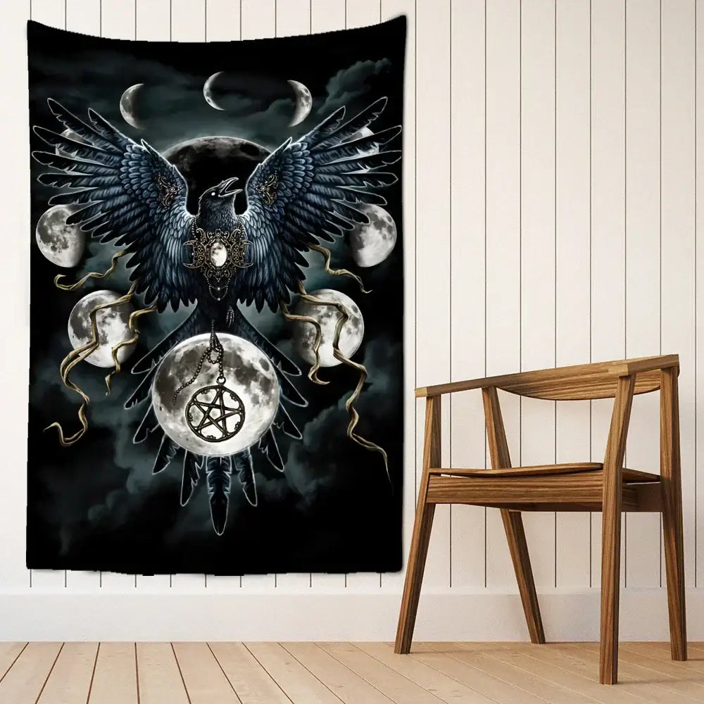 Psychedelic black and gold condor moon universe tapestry with crow, moons, and silver pentacle charms bedroom decorbites condor moon