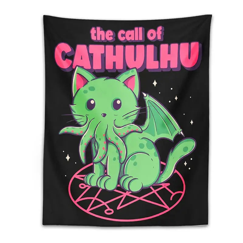 Psychedelic black tapestry wall hanging featuring green cat cthulhu on pink pentagram and decorbites cat design