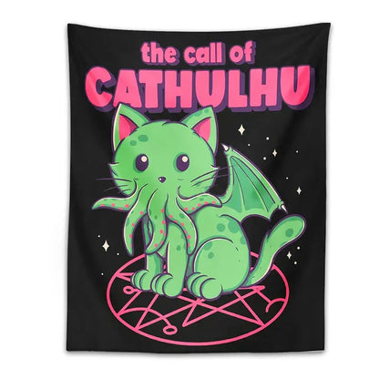 Psychedelic black tapestry wall hanging featuring green cat cthulhu on pink pentagram and decorbites cat design