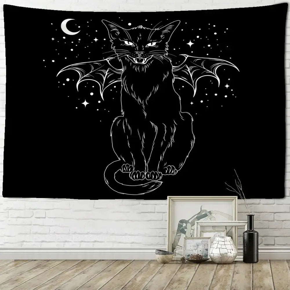 Psychedelic black cat wall hanging featuring decorbites black cat bat wings with glowing eyes on starry night tapestry