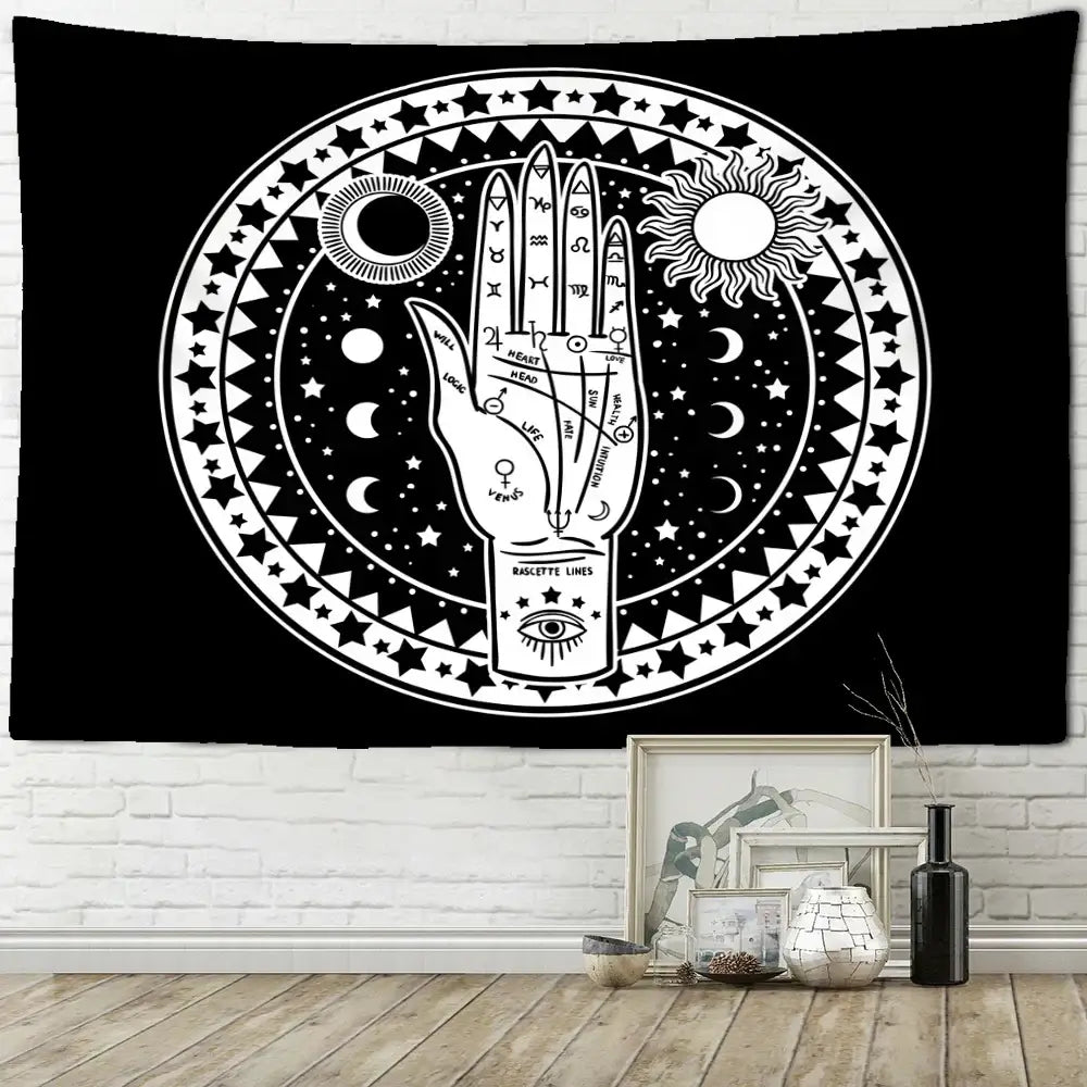 Black tapestry wall hanging with white circular design featuring hand and celestial symbols for decorbites black cat decorbites black cat psychedelic