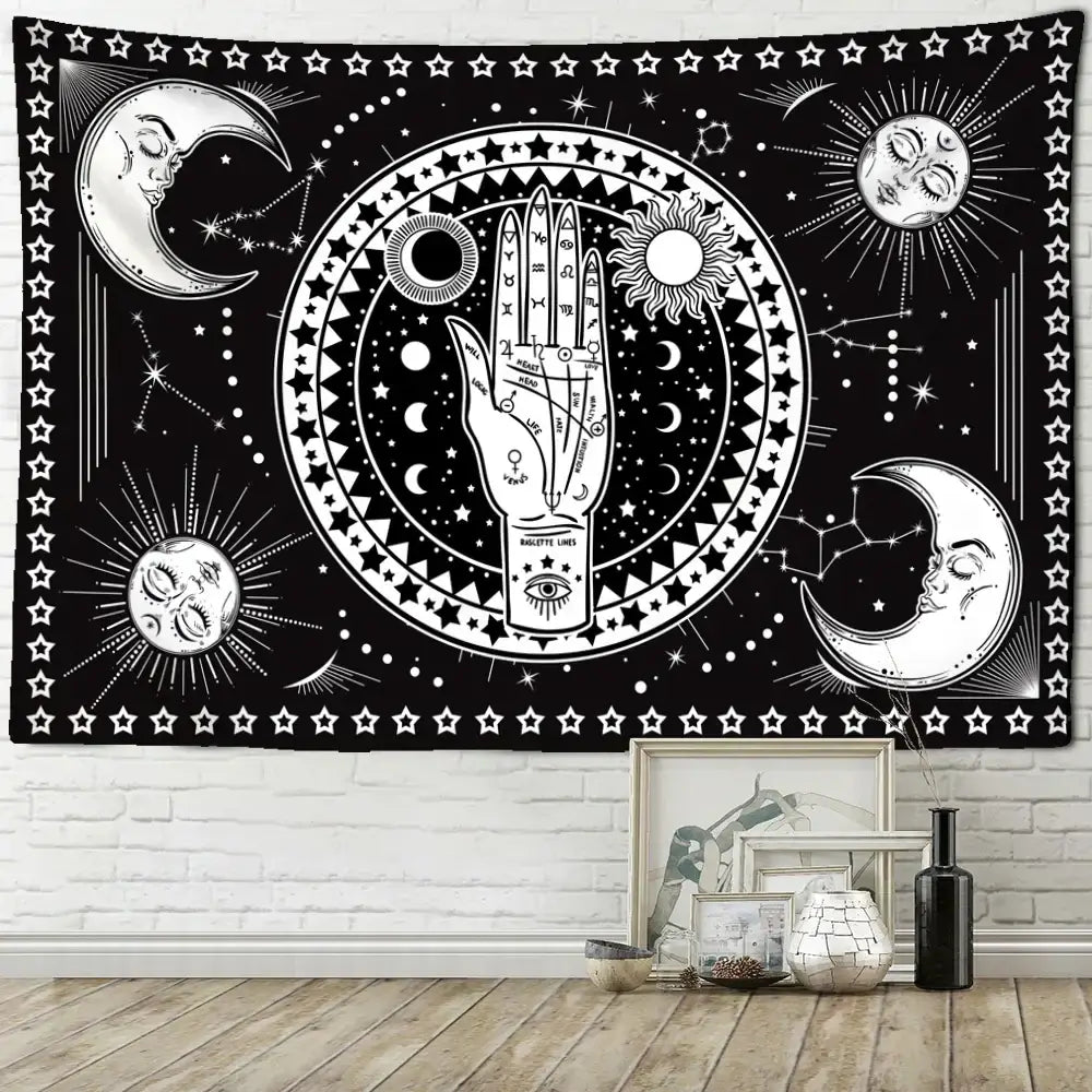 Black and white astrological tapestry wall hanging with central hand and celestial symbols for black cat psychedelic decorbites decor