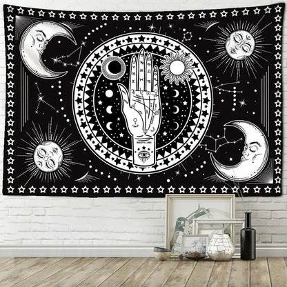 Black and white astrological tapestry wall hanging with central hand and celestial symbols for black cat psychedelic decorbites decor
