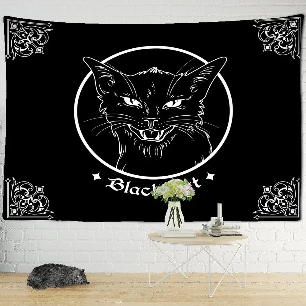 Psychedelic black cat wall hanging tapestry with white line-art angry cat face and ornate decorbites black cat design