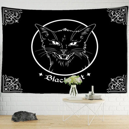 Psychedelic black cat wall hanging tapestry with white line-art angry cat face and ornate decorbites black cat design