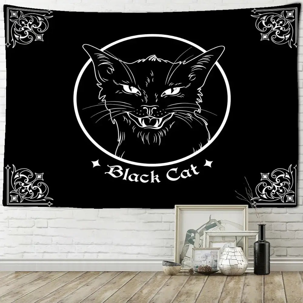 Psychedelic black cat wall hanging tapestry with white line-art angry feline head and decorbites black cat text