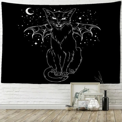 Psychedelic black cat wall hanging featuring a decorbites black cat with bat wings against a starry night sky