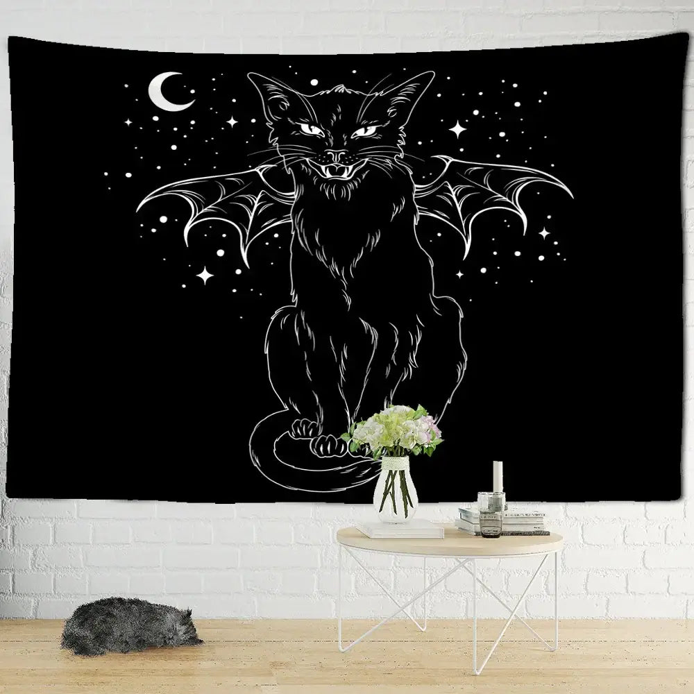Psychedelic black cat wall hanging decorbites featuring a white line-art bat-winged cat on black tapestry