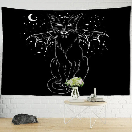 Psychedelic black cat wall hanging decorbites featuring a white line-art bat-winged cat on black tapestry