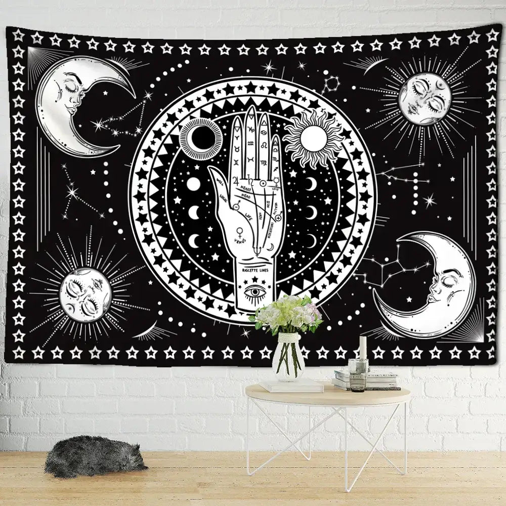 Black and white astrological wall hanging tapestry with central hand and celestial symbols for decorbites black cat psychedelic style