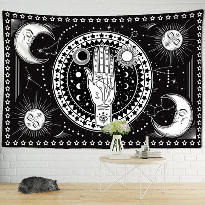 Black and white astrological wall hanging tapestry with central hand and celestial symbols for decorbites black cat psychedelic style