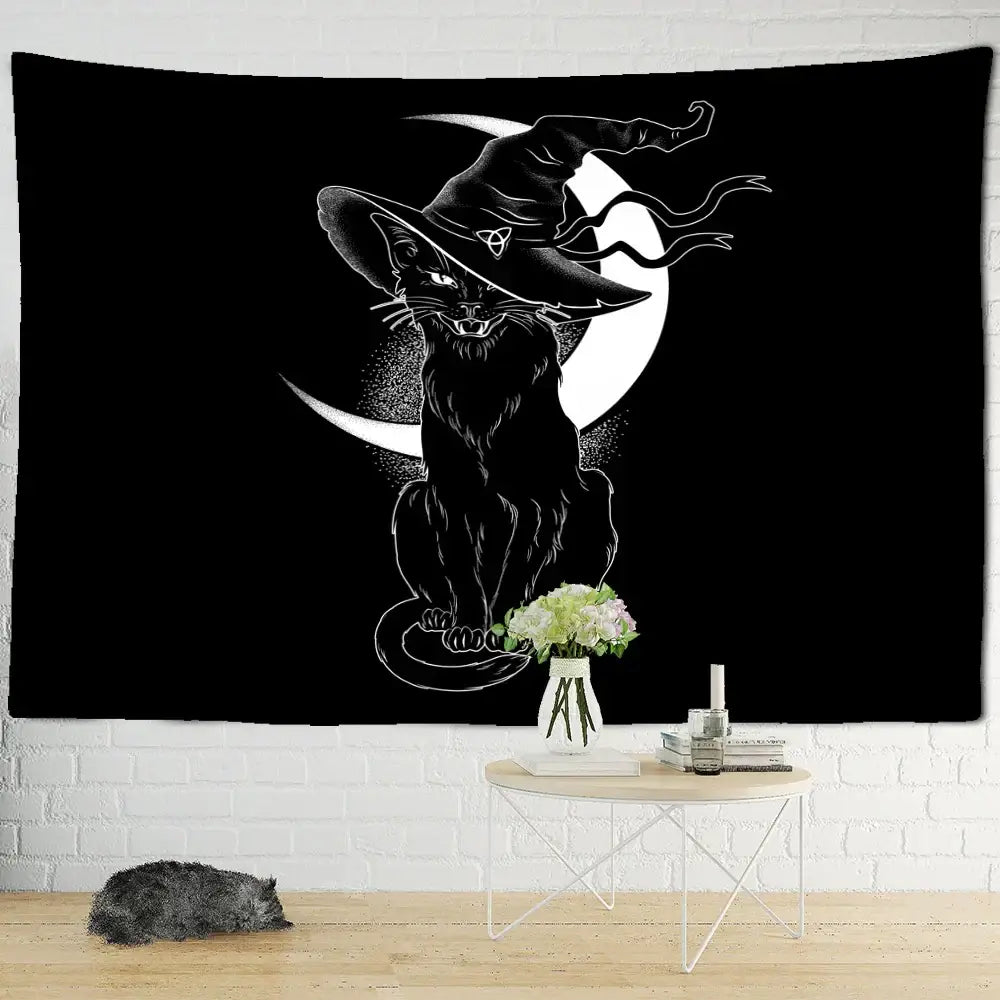 Black cat psychedelic wall hanging with white line art bat wing design decorbites black cat tapestry for bedroom decor
