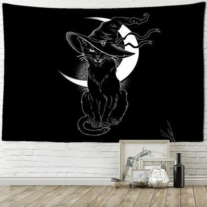 Black cat psychedelic wall hanging tapestry featuring white line art and bat wing design for bedroom decorbites black cat decor