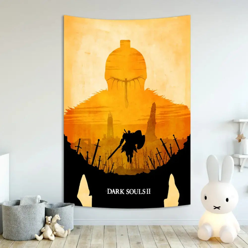 Orange and black dark souls ii tapestry featuring a stylized character silhouette against sunset by decorbites dark souls decor