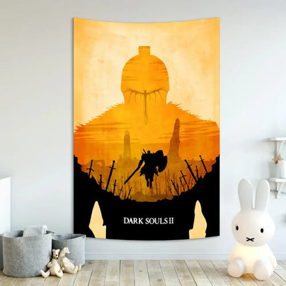 Orange and black dark souls ii tapestry featuring a stylized character silhouette against sunset by decorbites dark souls decor