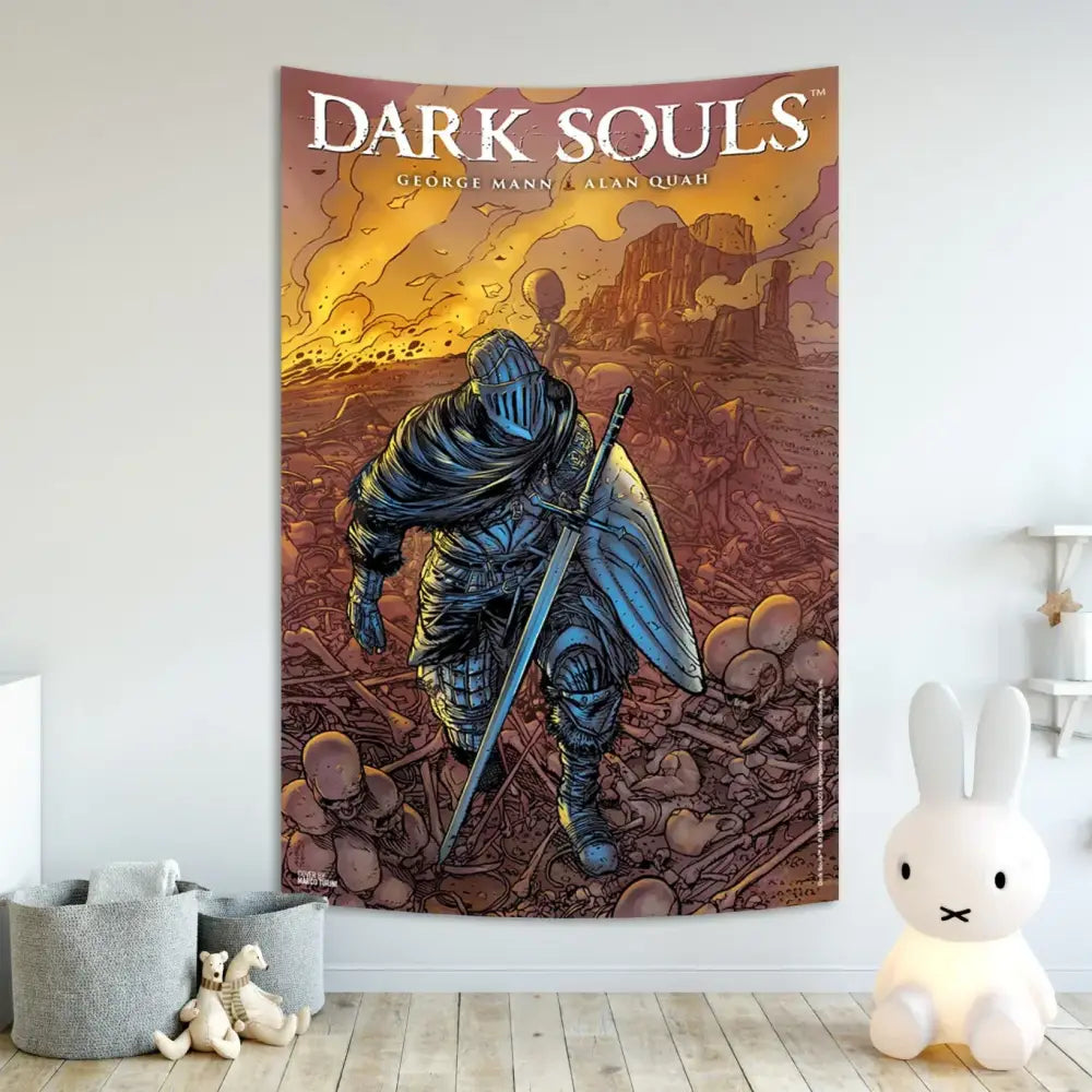 Dark souls tapestry featuring a blue and black armored knight among bones under orange sky by george mann and alan quah for decorbites dark souls
