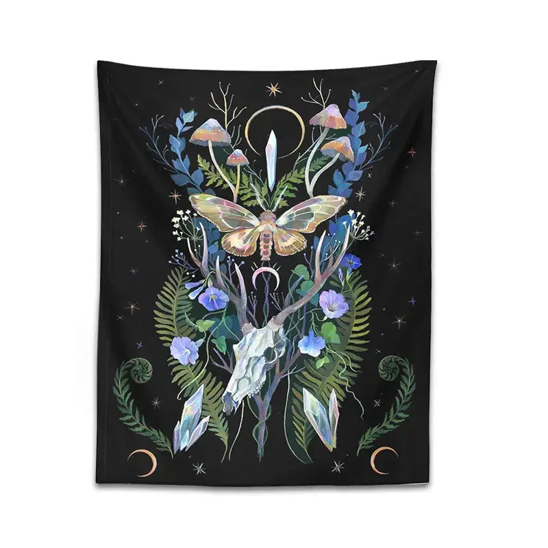 Black tapestry with a deer skull mushroom design in blue green and gold for decorbites deer skull bedroom wall hanging