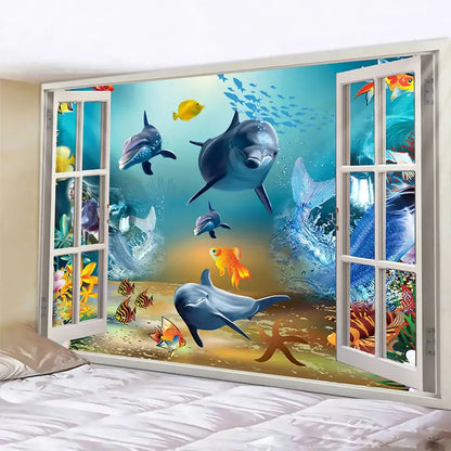 A decorbites dolphin psychedelic tapestry featuring vibrant dolphins fish and coral in a white 3d window frame