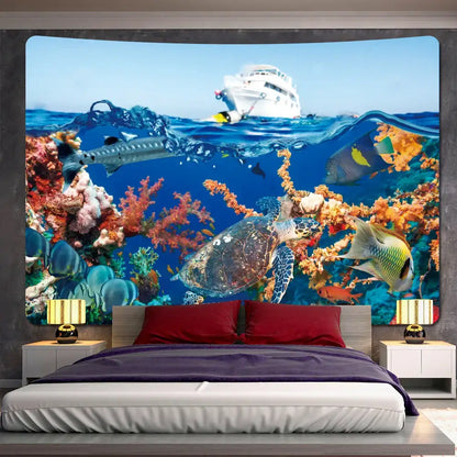 Psychedelic dolphin underwater coral reef tapestry with vibrant sea turtle fish and white dive boat for decorbites dolphin decorbites dolphin psychedelic wall decor