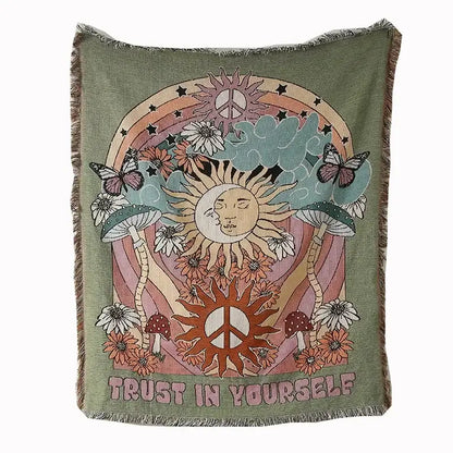 Olive green woven ethnic tapestry sofa blanket with psychedelic suns butterflies mushrooms in pastel pinks and oranges