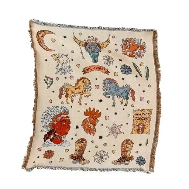 Cream-colored woven throw pillow with fringed edges featuring wild west ethnic tapestry design for sofa blanket use