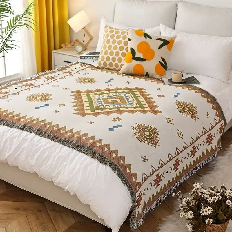 Beige ethnic tapestry sofa blanket with geometric brown green and blue patterns and fringed edges for living room