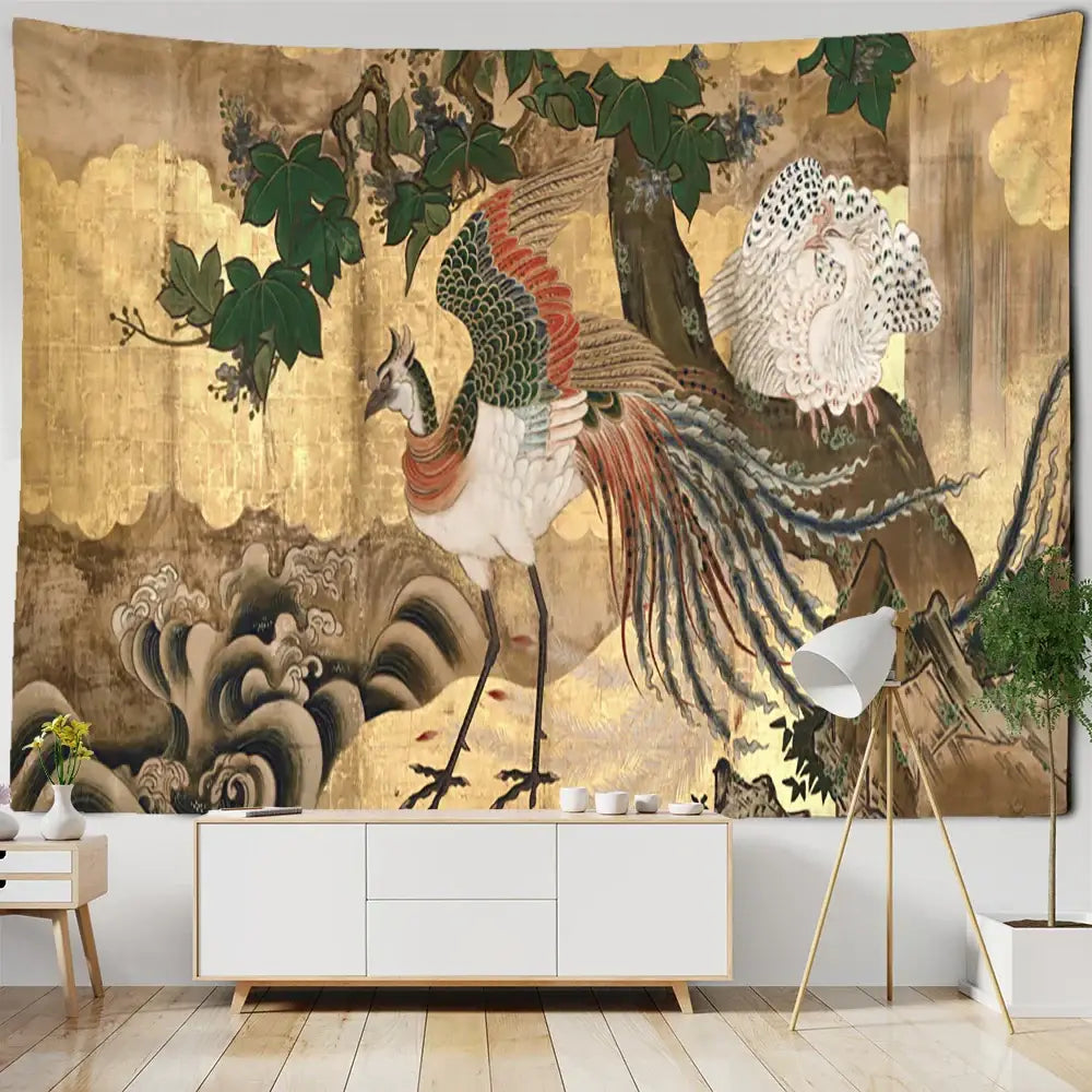 Decorbites cute skeleton tapestry featuring vibrant gold psychedelic peacocks for bedroom wall hanging decorbites cute