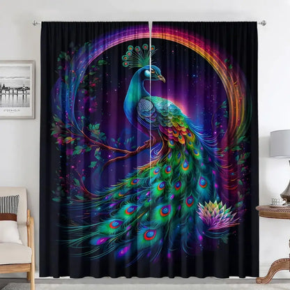 Vibrant psychedelic good luck peacock blackout curtains with iridescent feathers and rainbow halo for luck peacock home decor