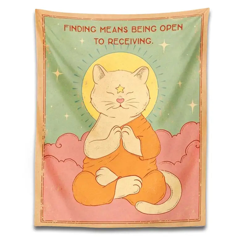 A soft vintage-style decorbites cat tapestry featuring a meditative orange cat sun moon design on pastel green and pink background