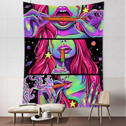 Psychedelic green star girl tapestry featuring three neon pink star girls with cosmic purple and magenta backgrounds for wall decor