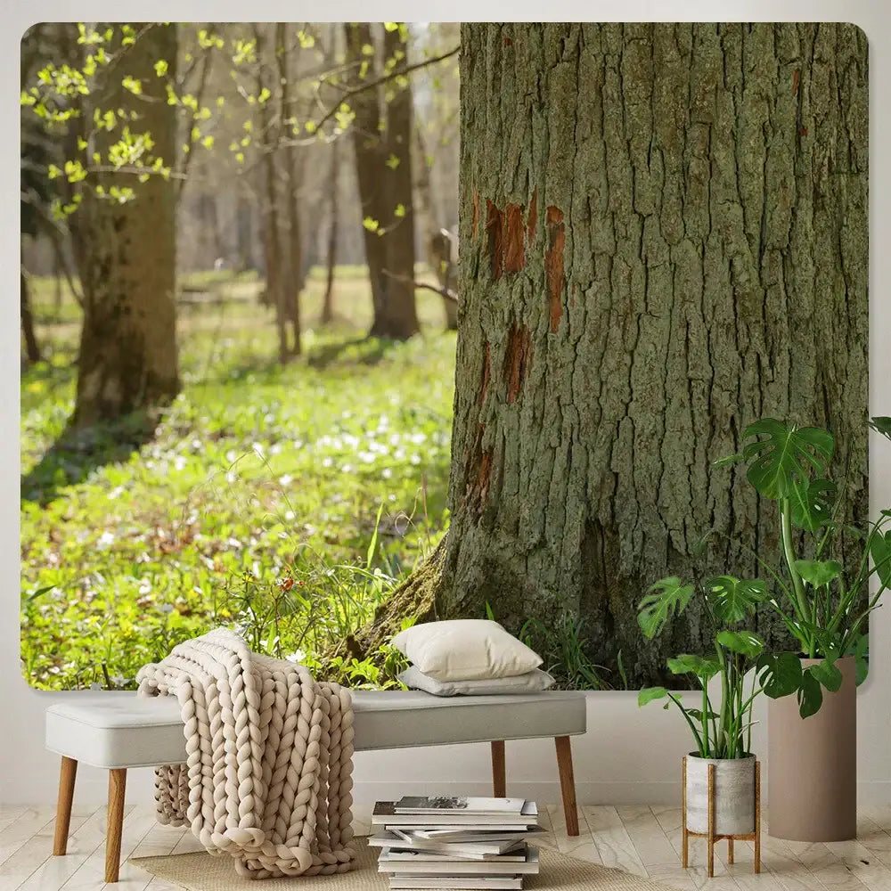 Psychedelic moss green forest view tapestry featuring textured mossy tree bark and reddish wood patches for decorbites forest view decor