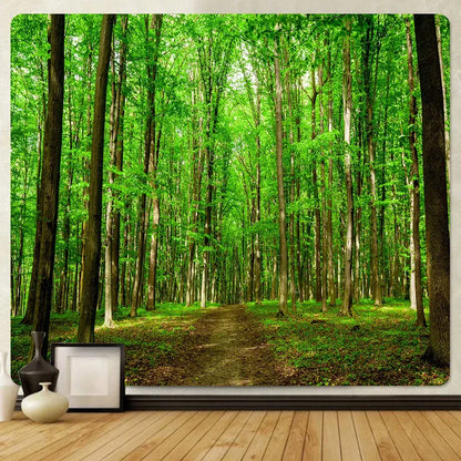 Lush green forest view tapestry hanging on a wall featuring psychedelic moss green decorbites forest view design