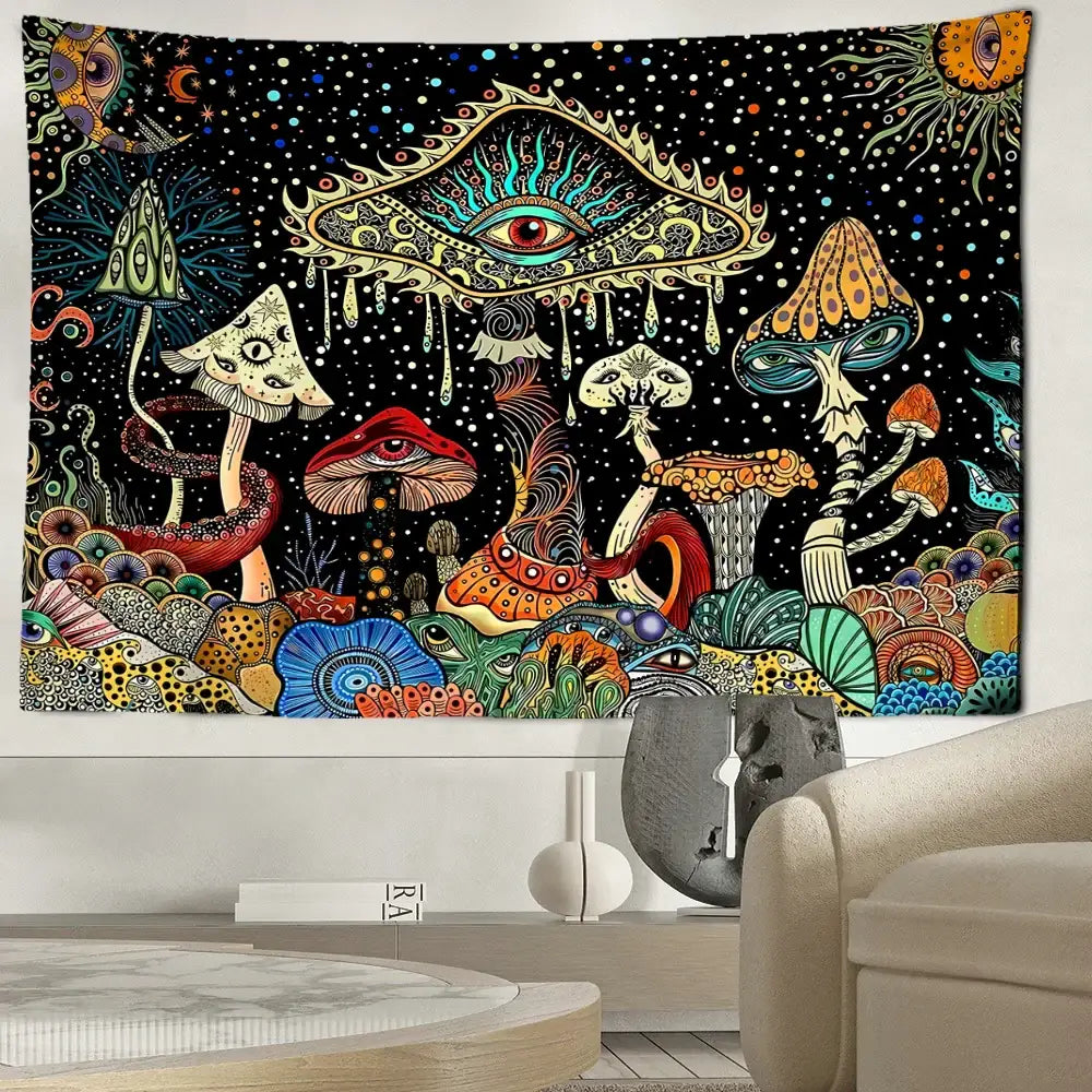 Psychedelic mushroom forest tapestry featuring colorful eyes and intricate patterns on black background for bedroom decorbites colorful eyes