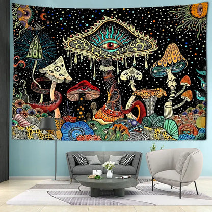 Psychedelic mushroom forest tapestry with colorful eyes and intricate patterns on black background for bedroom decorbites colorful eyes