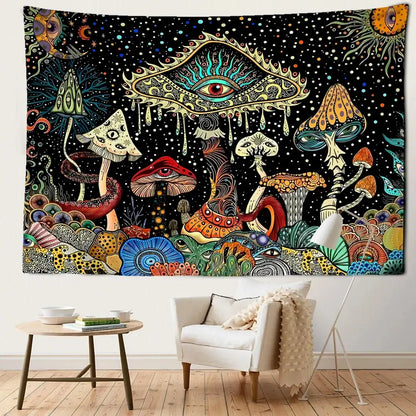 Psychedelic mushroom forest tapestry with colorful eyes and cosmic patterns on black background for bedroom decorbites colorful eyes