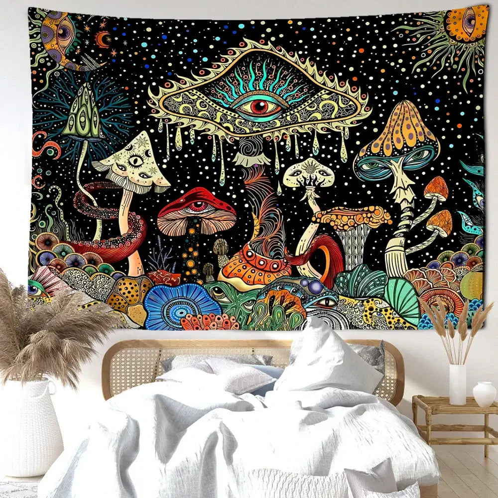 Psychedelic mushroom forest tapestry featuring a central colorful eyes all-seeing eye and celestial motifs on black background