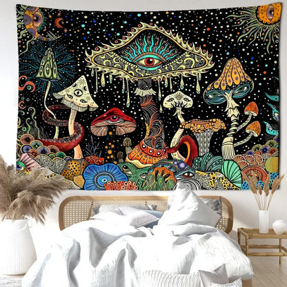 Psychedelic mushroom forest tapestry featuring a central colorful eyes all-seeing eye and celestial motifs on black background