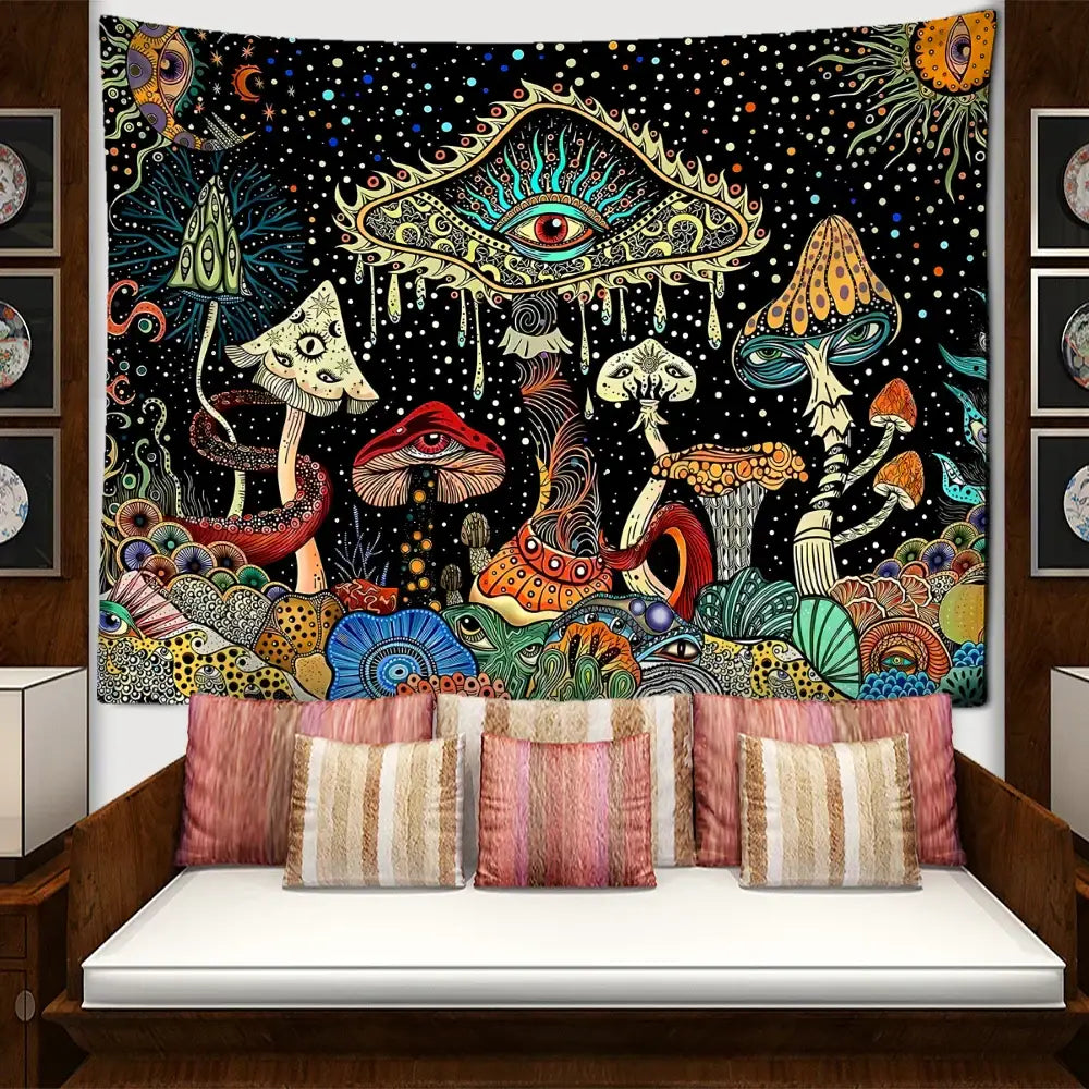 Psychedelic mushroom forest tapestry featuring colorful eyes and cosmic elements for bedroom wall art decorbites colorful eyes