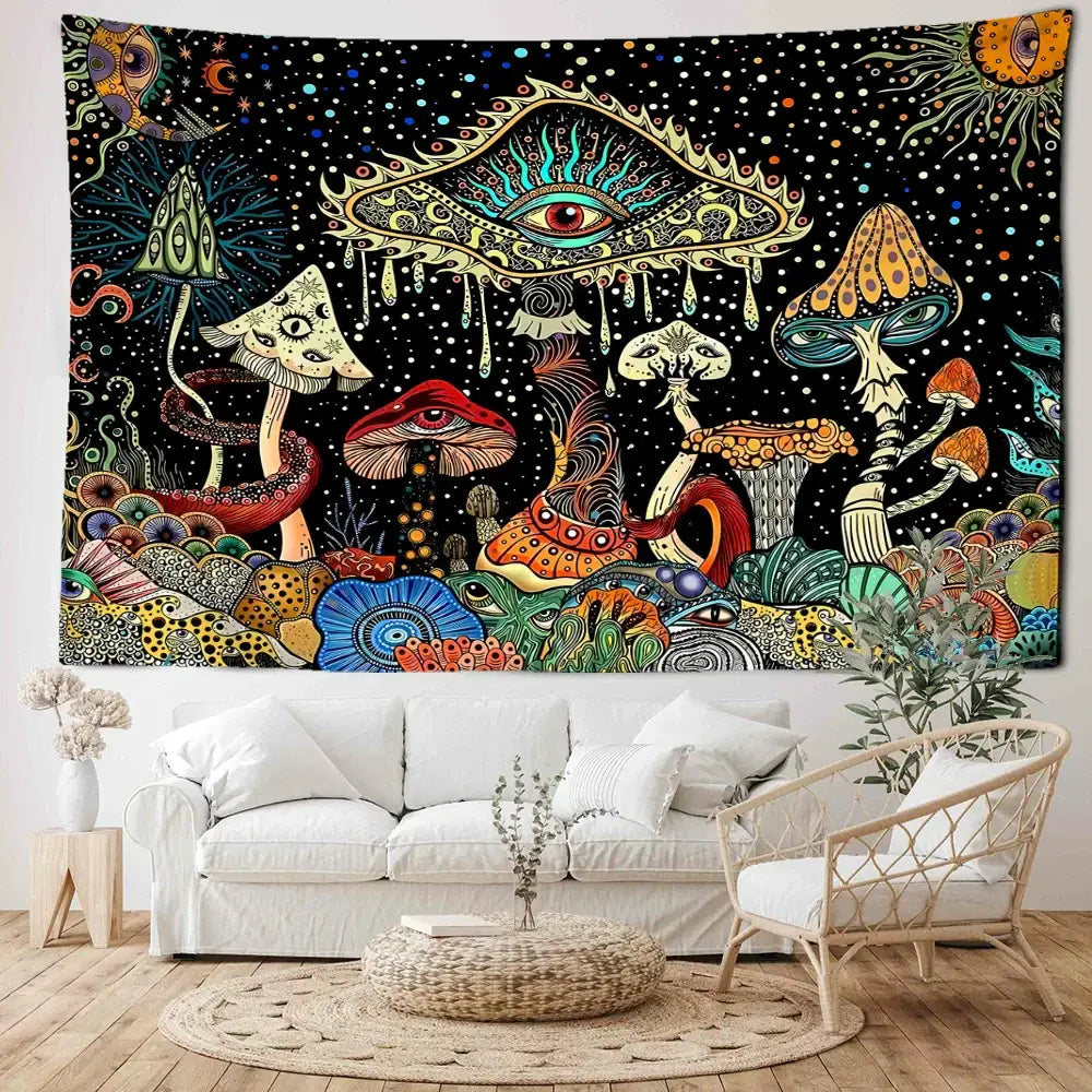 Psychedelic mushroom forest colorful eyes tapestry featuring a vibrant all-seeing eye and cosmic elements for bedroom decorbites colorful eyes wall art