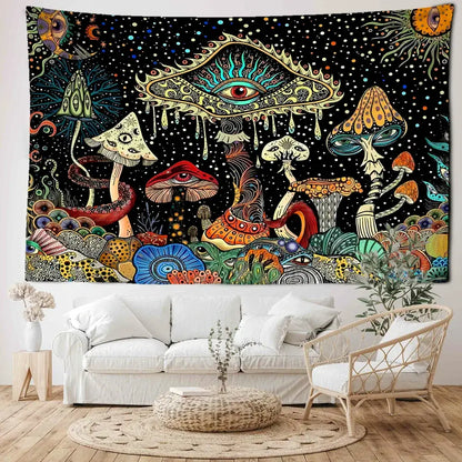 Psychedelic mushroom forest colorful eyes tapestry featuring a vibrant all-seeing eye and cosmic elements for bedroom decorbites colorful eyes wall art