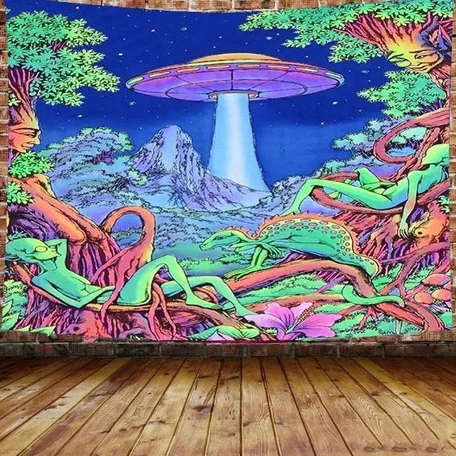 Psychedelic neon illusory mushroom art tapestry with flying saucer and alien figures in bold neon hues for bedroom decorbites wall hanging