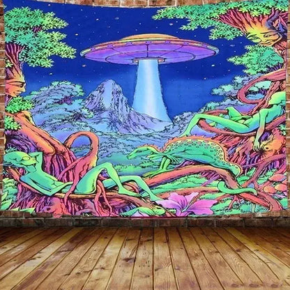 Psychedelic neon illusory mushroom art tapestry with flying saucer and alien figures in bold neon hues for bedroom decorbites wall hanging