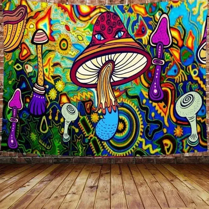 Vibrant psychedelic mushroom art tapestry with bold purple red blue mushrooms on swirling green yellow blue background for decorbites illusory mushroom decor