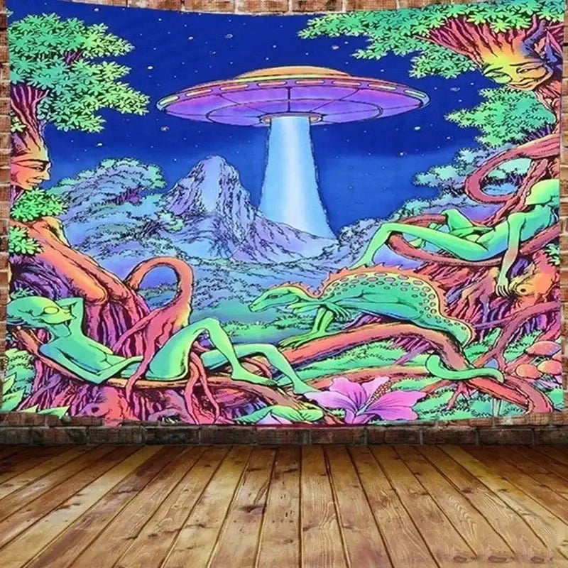 Psychedelic neon illusory mushroom art tapestry featuring vibrant flying saucer and alien designs for bedroom wall decorbites