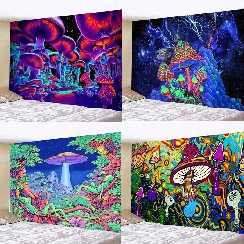 Psychedelic neon illusory mushroom art tapestry featuring glowing mushrooms and cosmic landscapes for bedroom decorbites decor