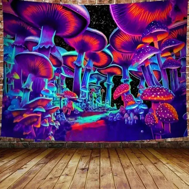 Vibrant decorbites illusory mushroom art tapestry with glowing purple orange and blue fungi for bedroom wall hanging