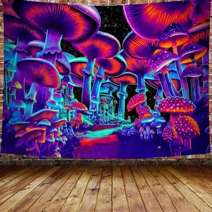 Vibrant decorbites illusory mushroom art tapestry with glowing purple orange and blue fungi for bedroom wall hanging